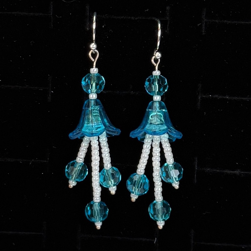 Elegant Blue and Silvertone Beaded Pierced Dangle Earrings